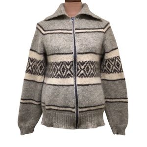 Vintage Full Zip Cardigan Sweater Size Medium Tan Fair Isle Pure Virgin Wool